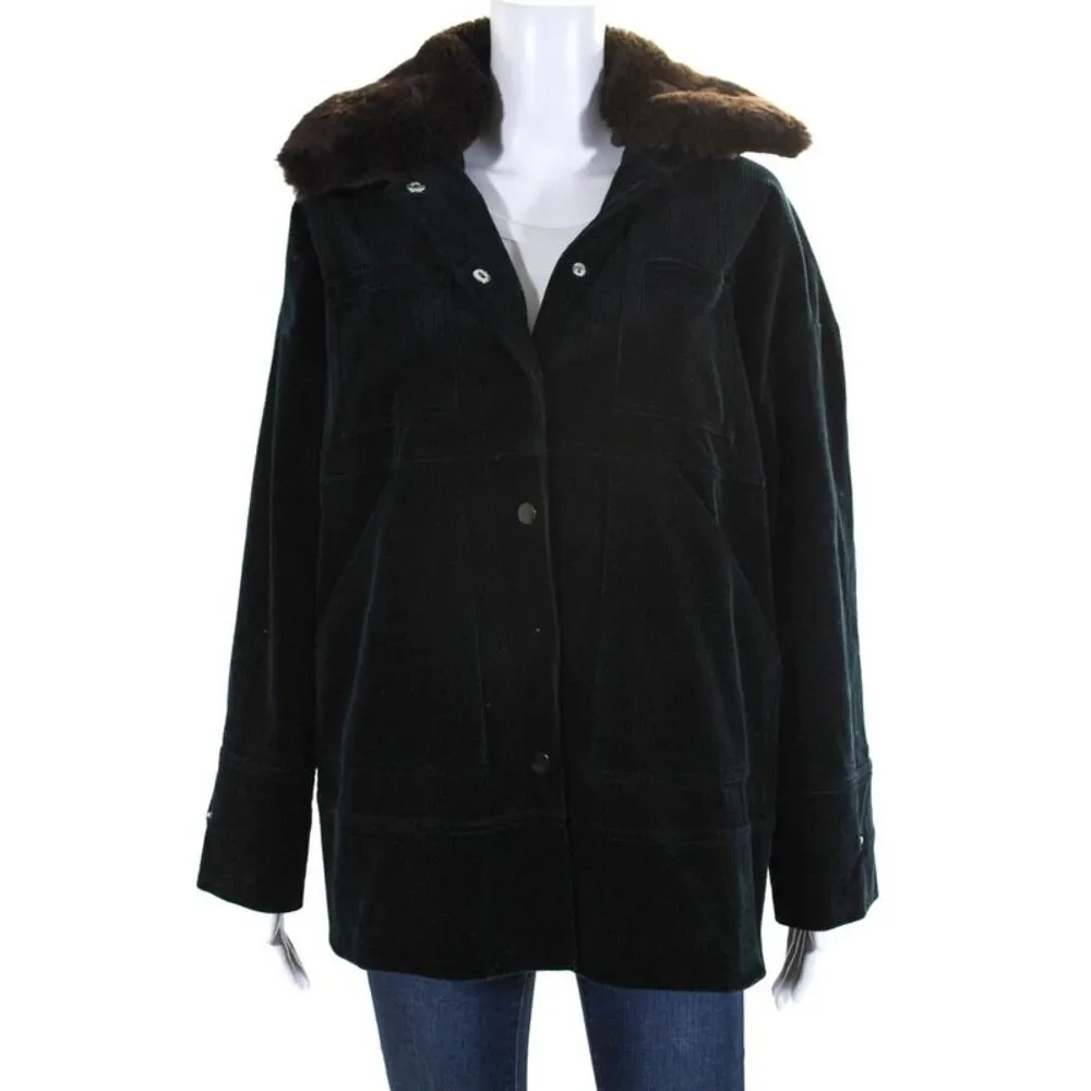 Ganni Womens Faux Fur Collar Corduroy Button Up Jacket Coat Blue Size 34